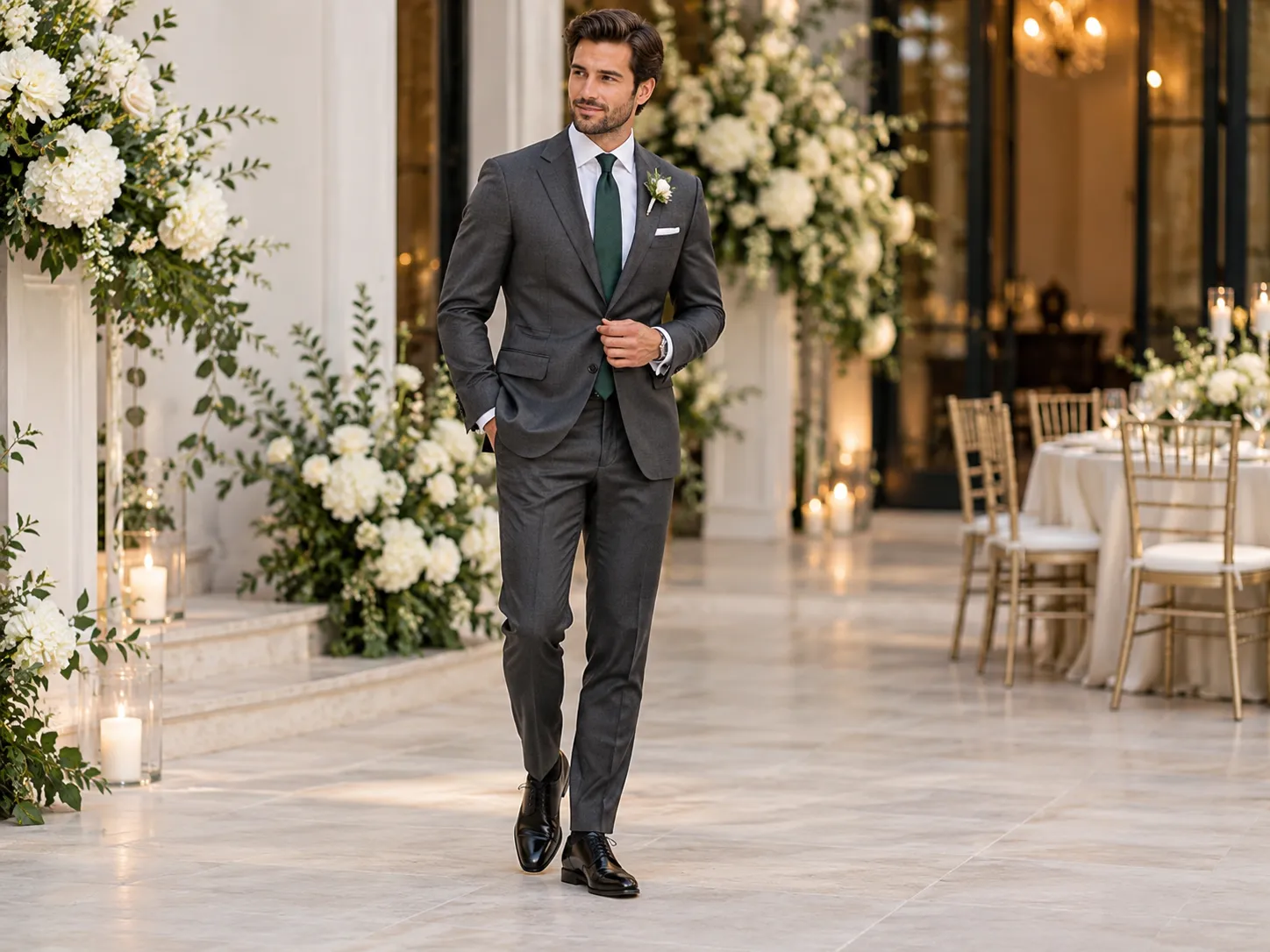 Man wearing a charcoal grey suit with a white shirt and deep green tie at a wedding