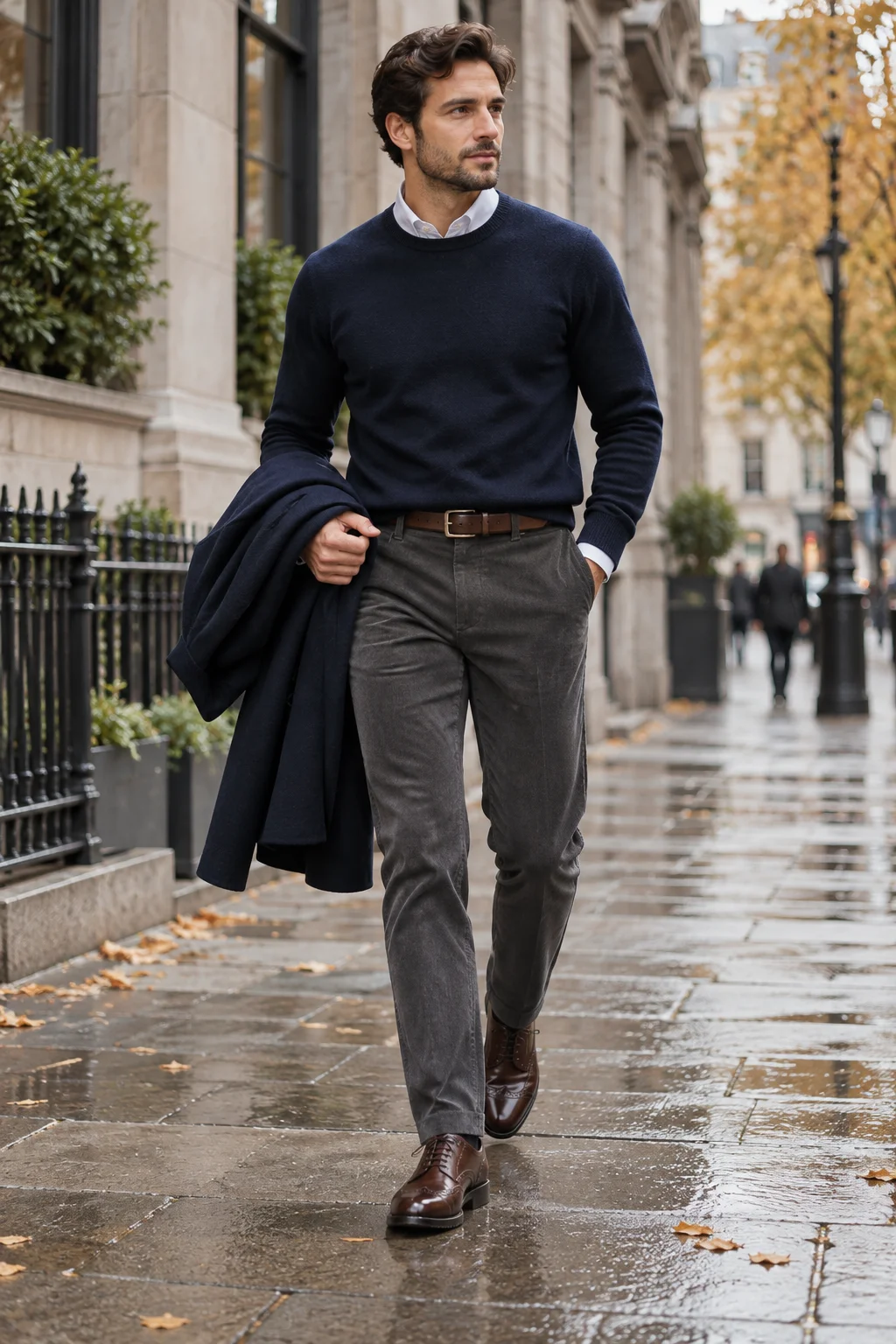 Man wearing charcoal moleskin trousers with a navy sweater, white shirt and brown brogues