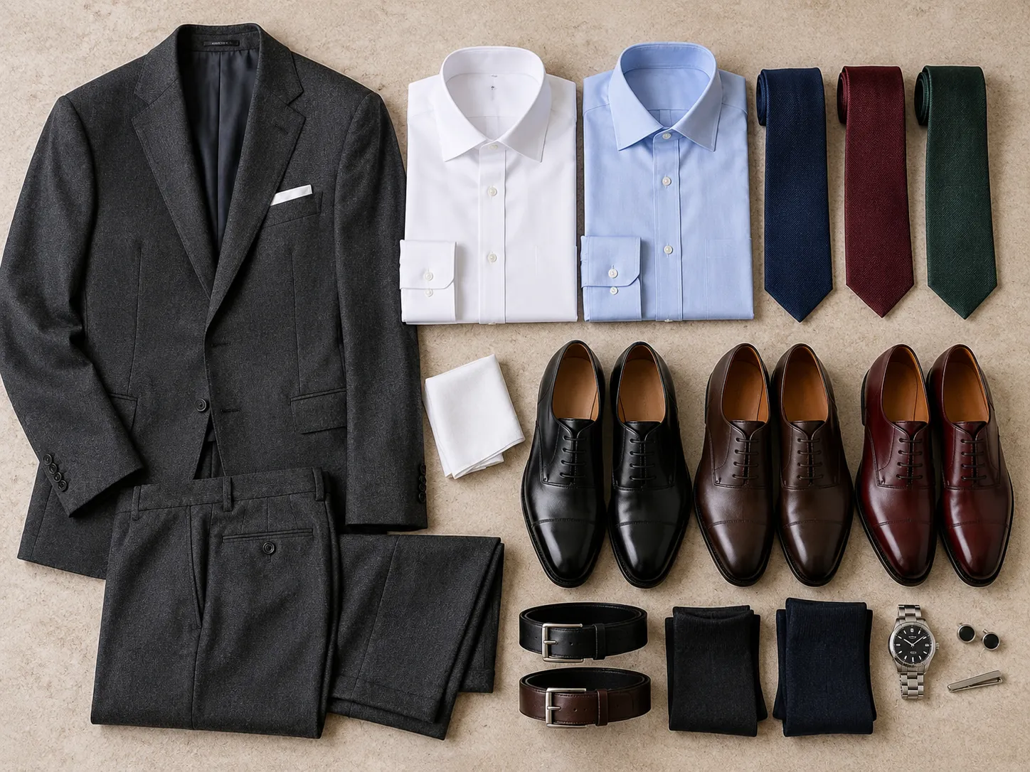 Charcoal suit with white and blue shirts, ties, dress shoes, belts, socks and formal accessories