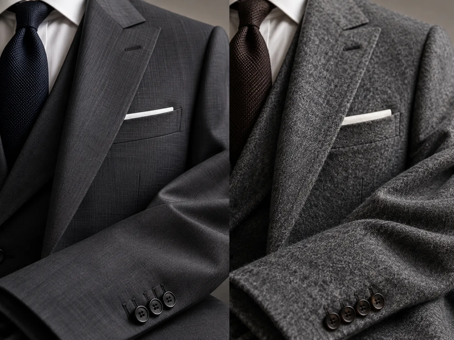 Close-up comparison of smooth charcoal worsted wool and textured grey flannel suit fabrics