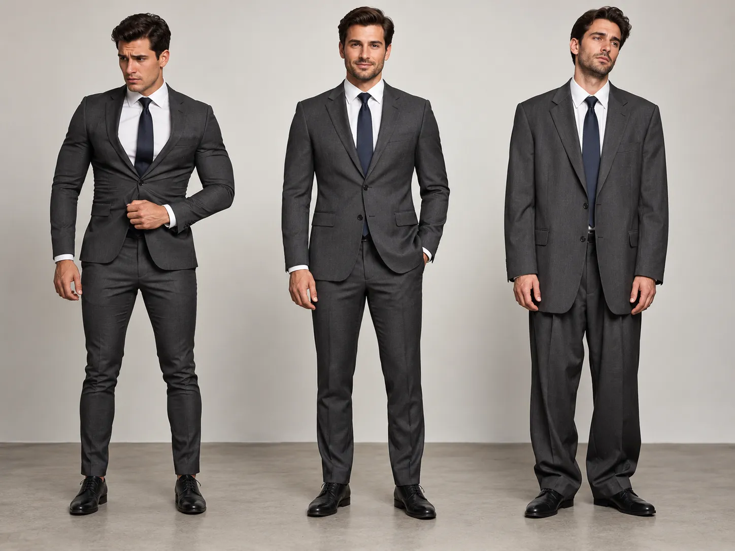 Three men demonstrating tight, tailored and oversized charcoal suit fits