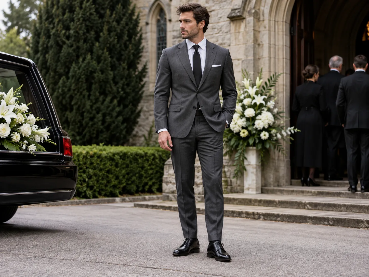Man wearing a dark charcoal suit with a white shirt, black tie and black shoes for a funeral