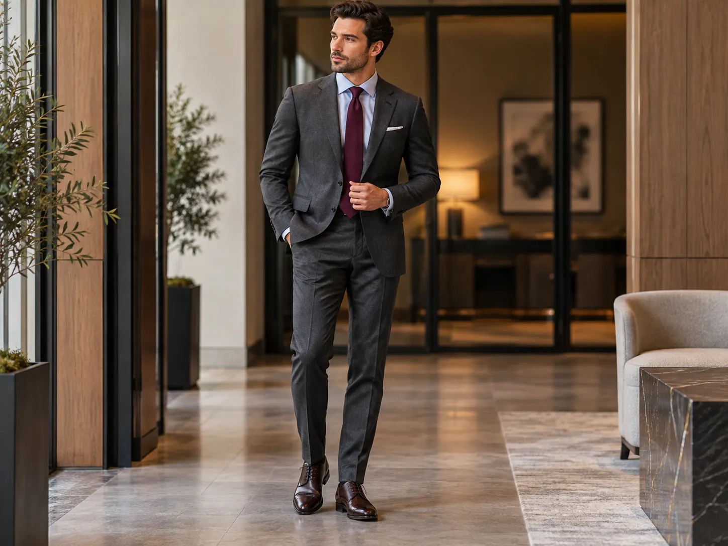 Man wearing a charcoal suit with a pale blue shirt, burgundy tie and brown dress shoes