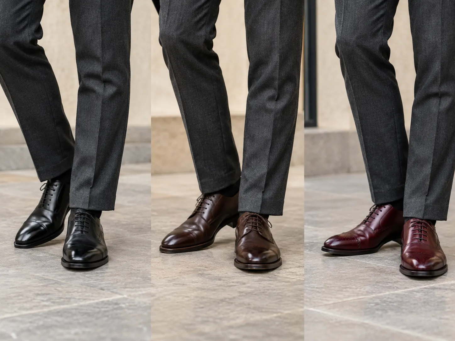 Black, dark brown and oxblood dress shoes paired with charcoal suit trousers