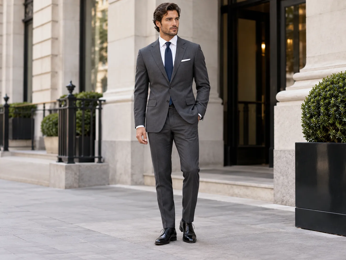 Man wearing a charcoal grey suit with a white shirt, navy tie and black Oxford shoes