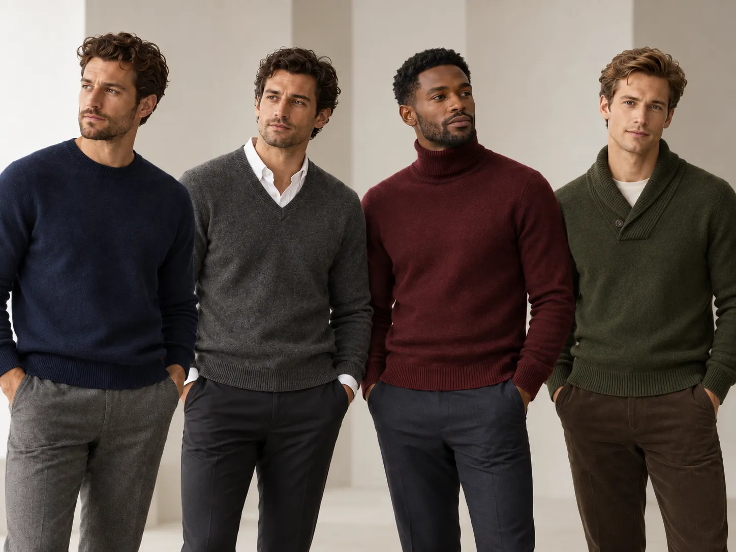 Three men wearing classic sweater styles used across UK and US menswear