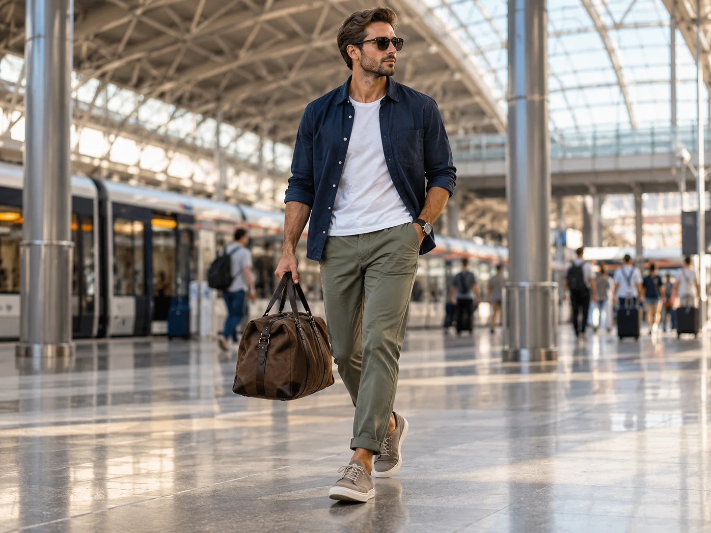 Man wearing comfortable neutral casual sneakers with olive trousers while travelling