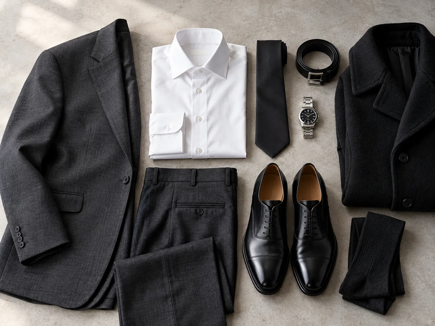 Charcoal suit white shirt black tie polished shoes dark socks watch and overcoat arranged for funeral attire