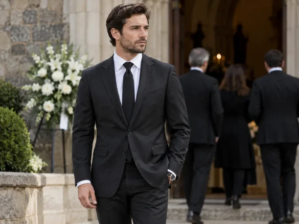 Man wearing a charcoal suit white shirt and black tie outside a chapel for a funeral