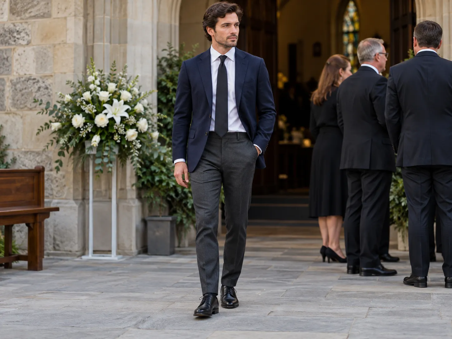 Man wearing charcoal trousers white shirt navy blazer and black shoes for a funeral without a matching suit