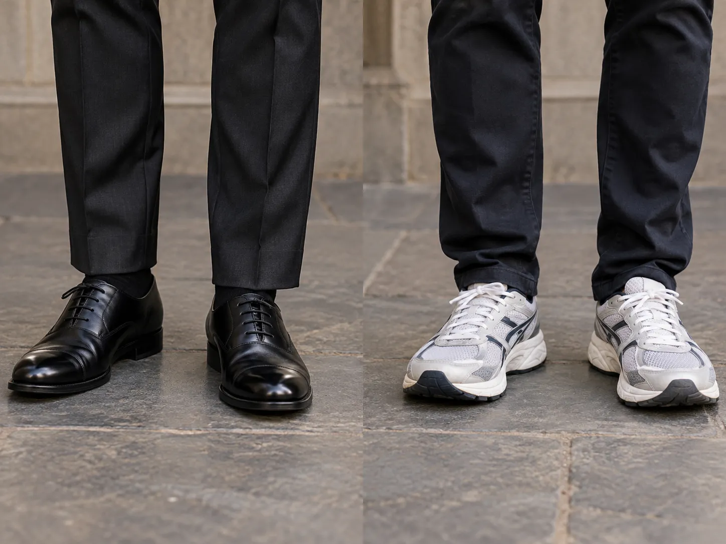 Polished black Oxford shoes compared with running trainers for funeral attire