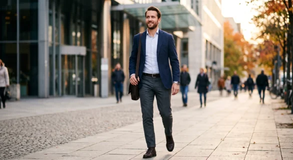 Business casual suit men wearing navy blazer and grey trousers