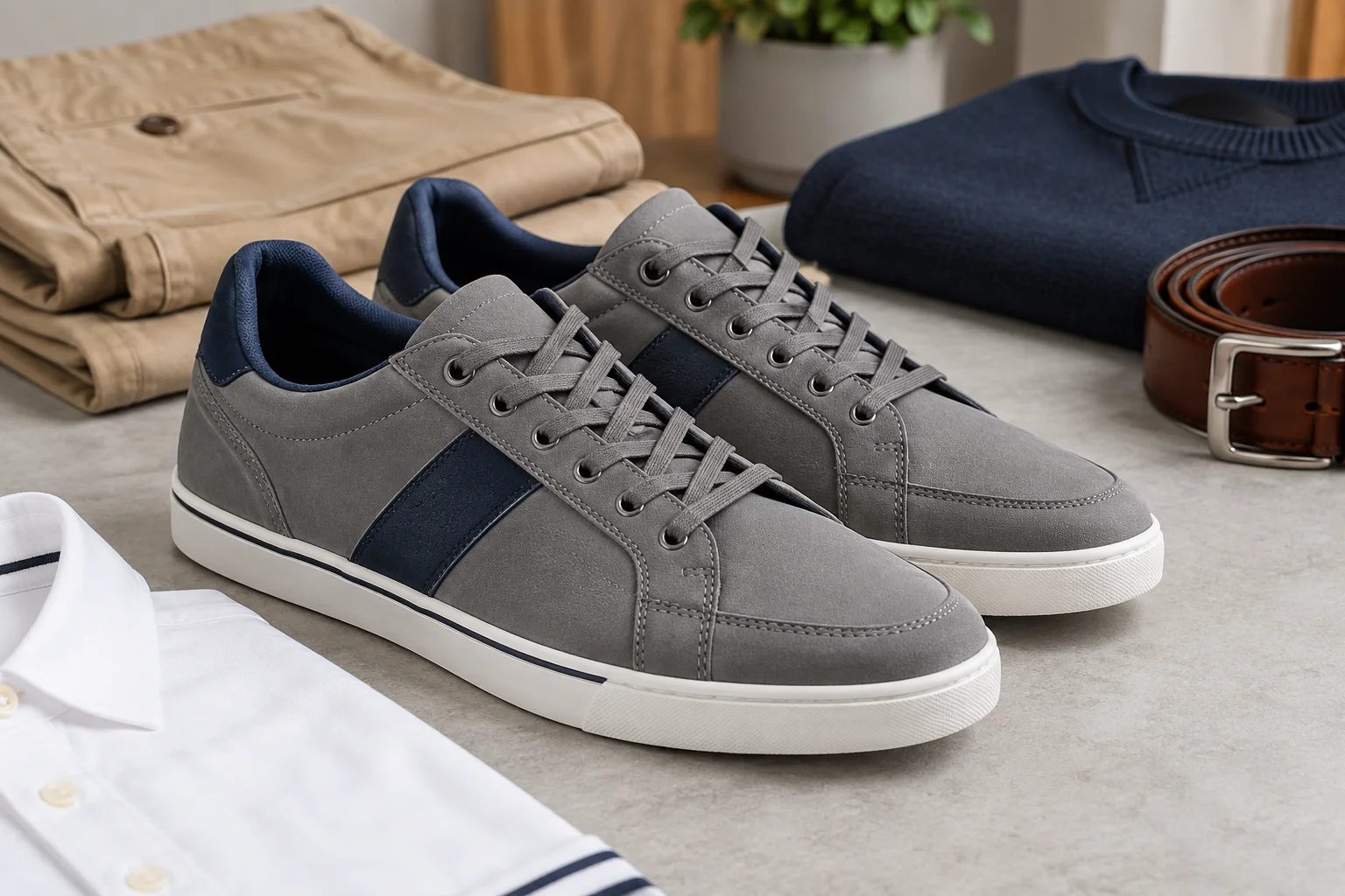 Grey low-top casual trainers with navy accents and white rubber soles