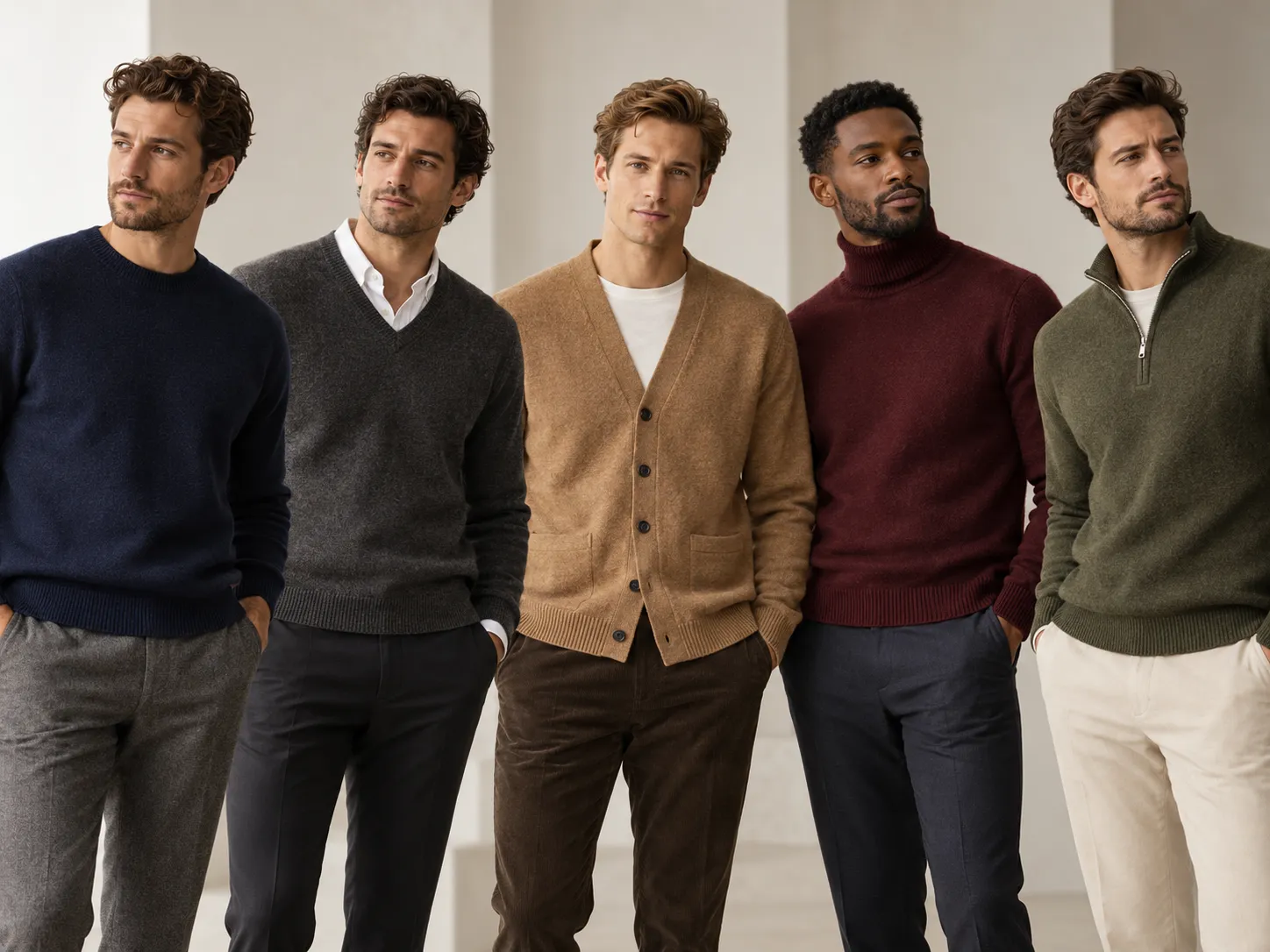 Three men demonstrating different sweater fits and proportions for a men's knitwear fit guide