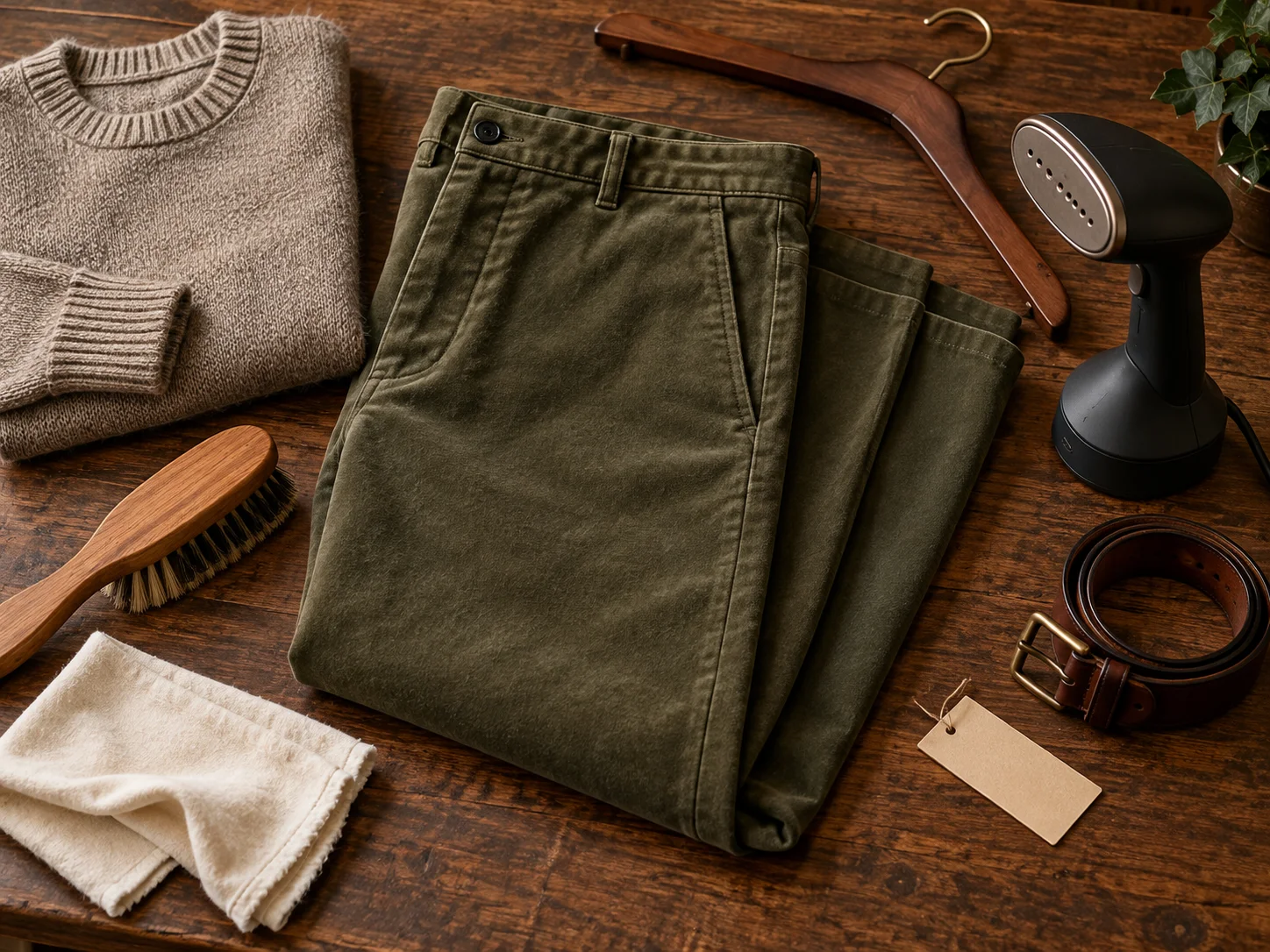 Moleskin trousers with clothing brush, steamer, belt and knitwear arranged for garment care