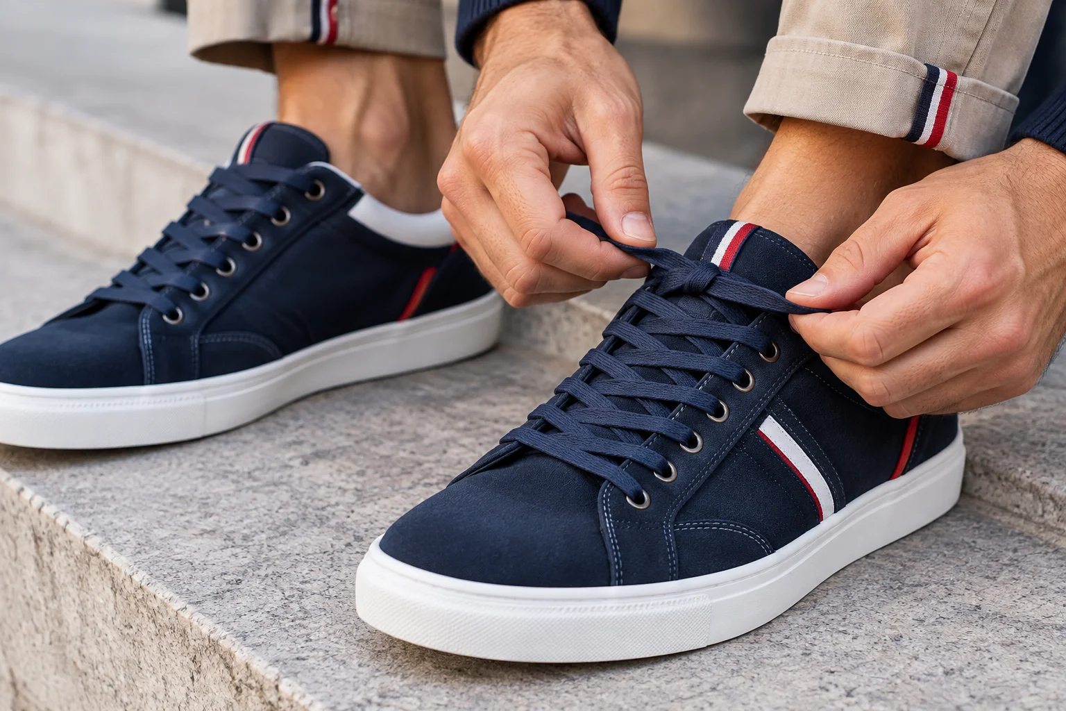 Close-up of a man tying navy casual trainers while wearing rolled beige chinos