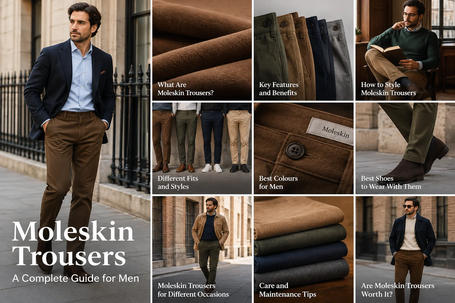 Editorial moleskin trousers guide showing fabric, colours, smart casual outfits and footwear