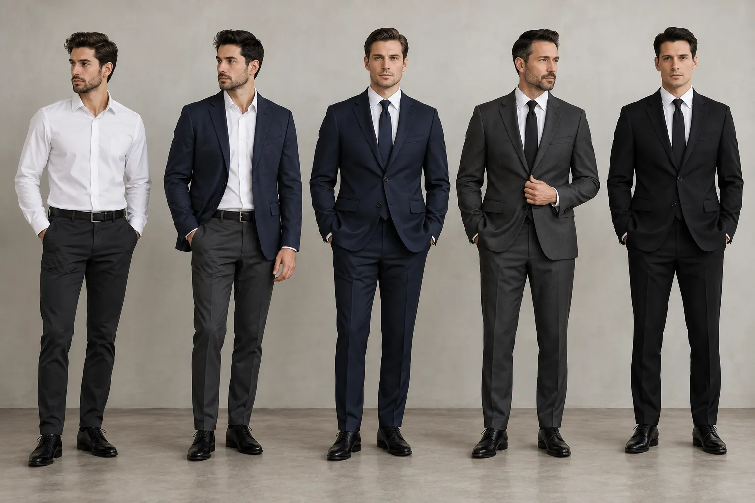 Five men's funeral outfits ranging from dark trousers and shirt to a traditional black suit