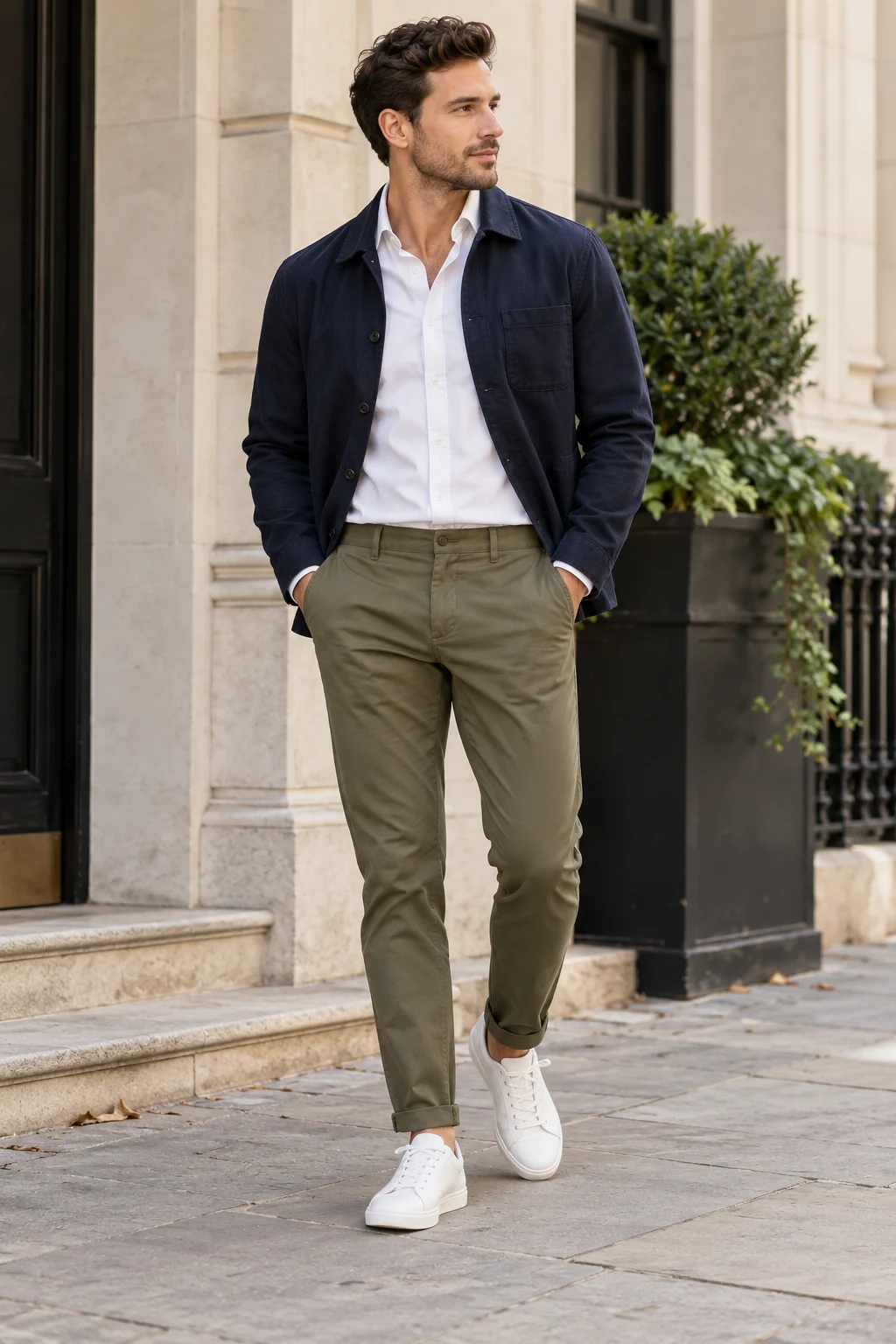 Man wearing a navy overshirt, white shirt, olive chinos and clean white trainers in a semi casual outfit