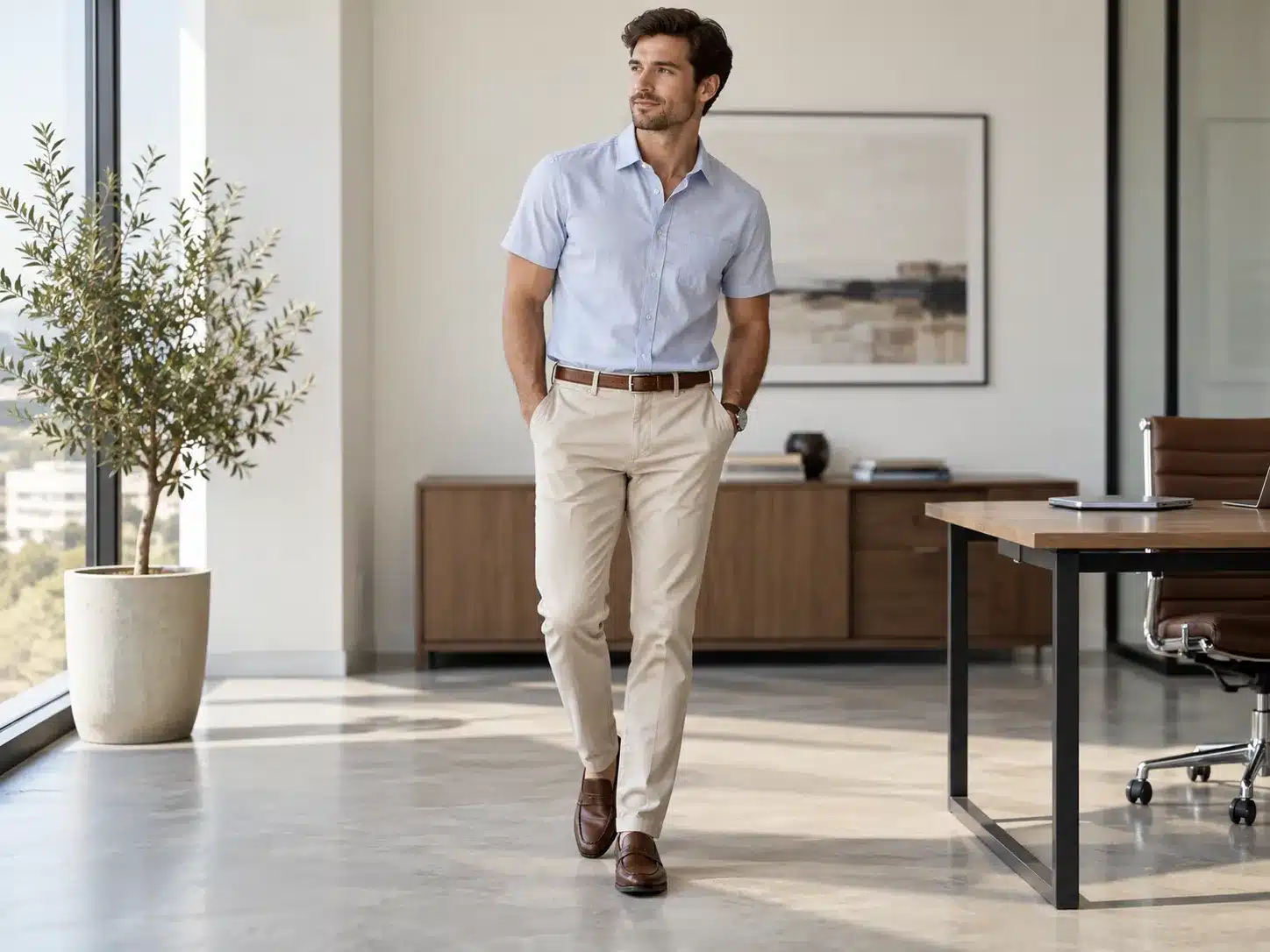 Five men's short sleeve shirts with chinos loafers a belt and a watch in a flat lay