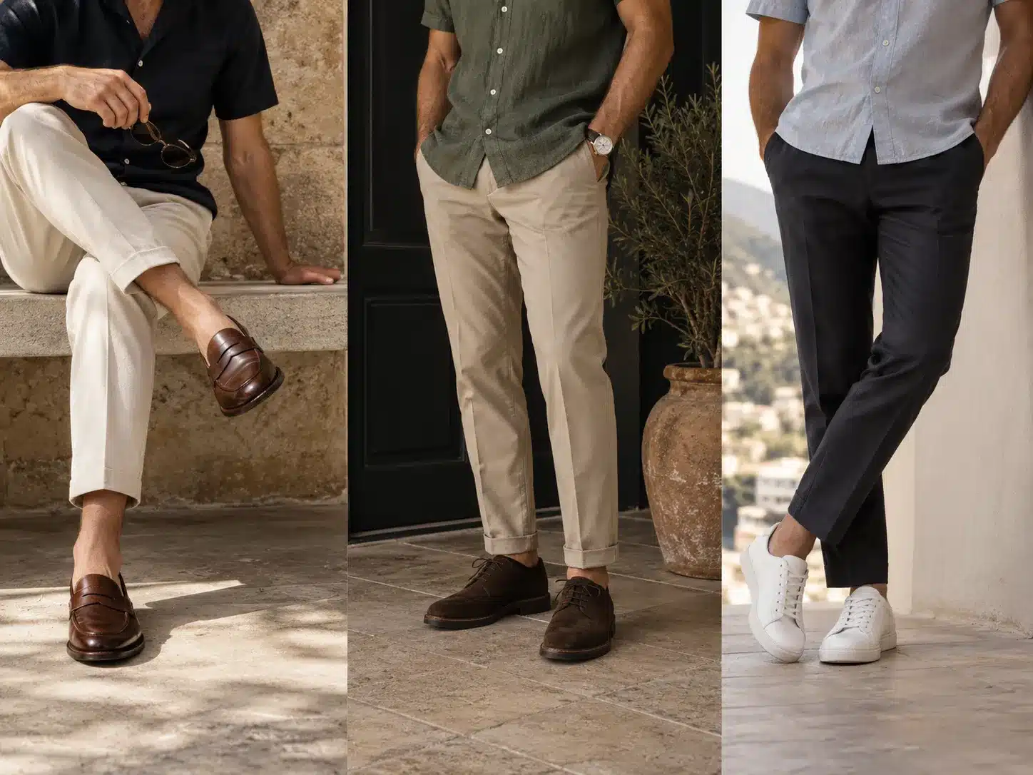Four men's outfits from a T-shirt to an Oxford shirt showing the short sleeve shirt formality scale