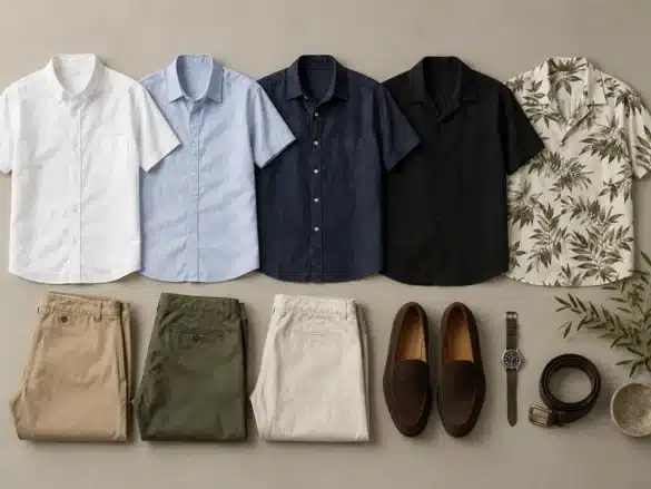 Man wearing a pale blue men's short sleeve shirt with stone chinos and brown loafers in a modern office
