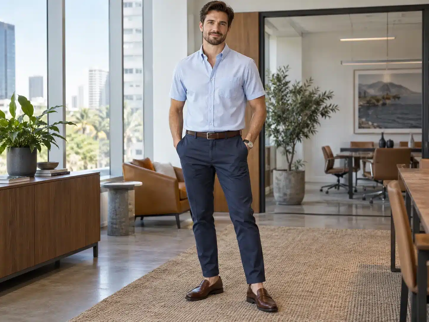 Man wearing a linen short sleeve shirt with tailored shorts and white trainers for summer