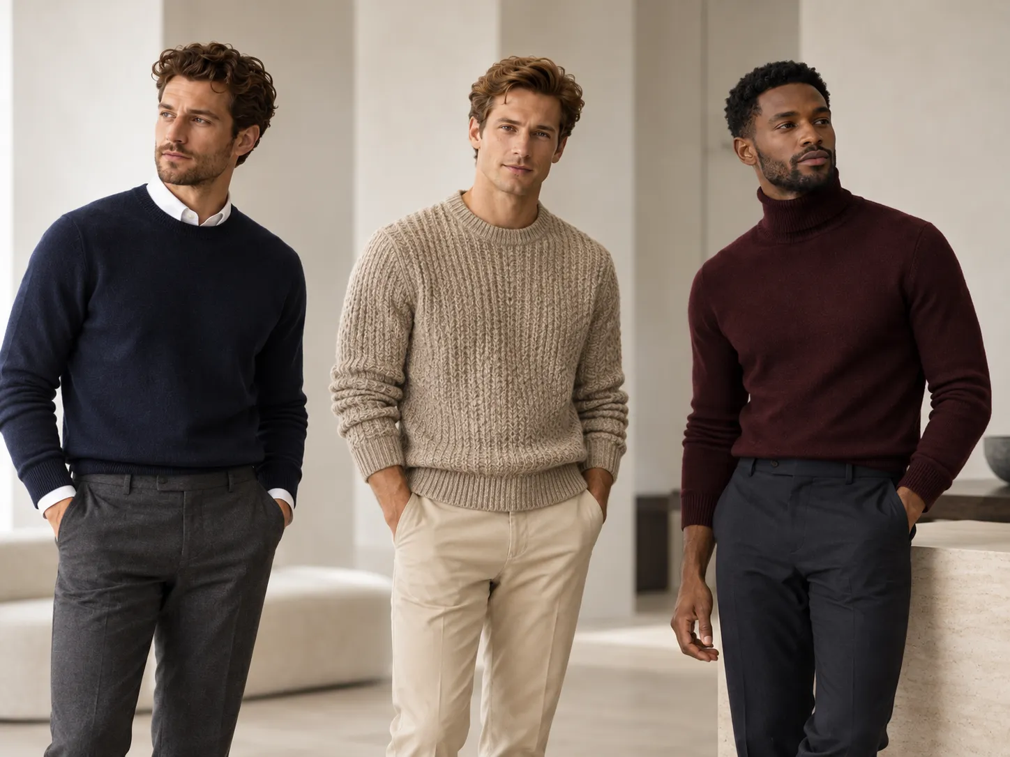 Three men wearing different knit fits to compare sweater construction, weight and silhouette
