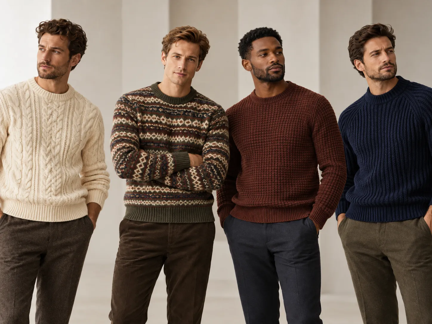 Editorial flat lay of men's knitwear showing different sweater materials, textures and colours