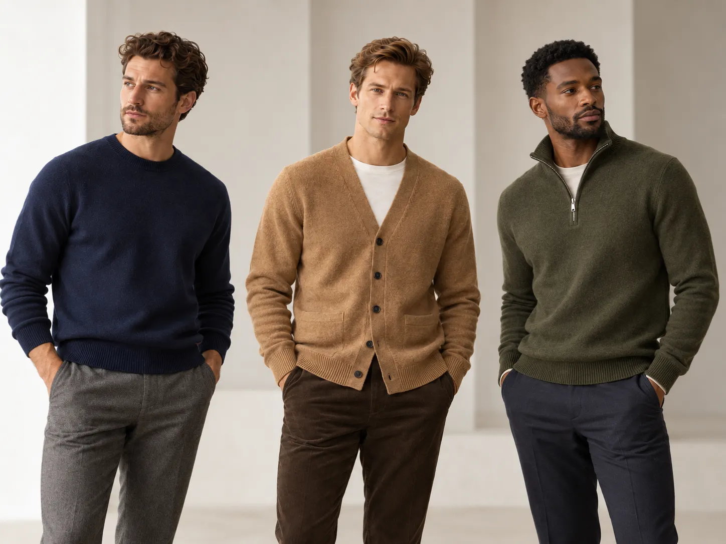 Men modelling different sweater neckline styles for a comparison of crewneck, V-neck and high-neck knitwear