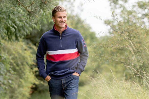 Man wearing a half zip jumper in a smart casual outfit
