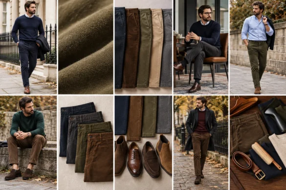 Moleskin trousers style guide with autumn outfits, fabric texture, colours, shoes and care ideas