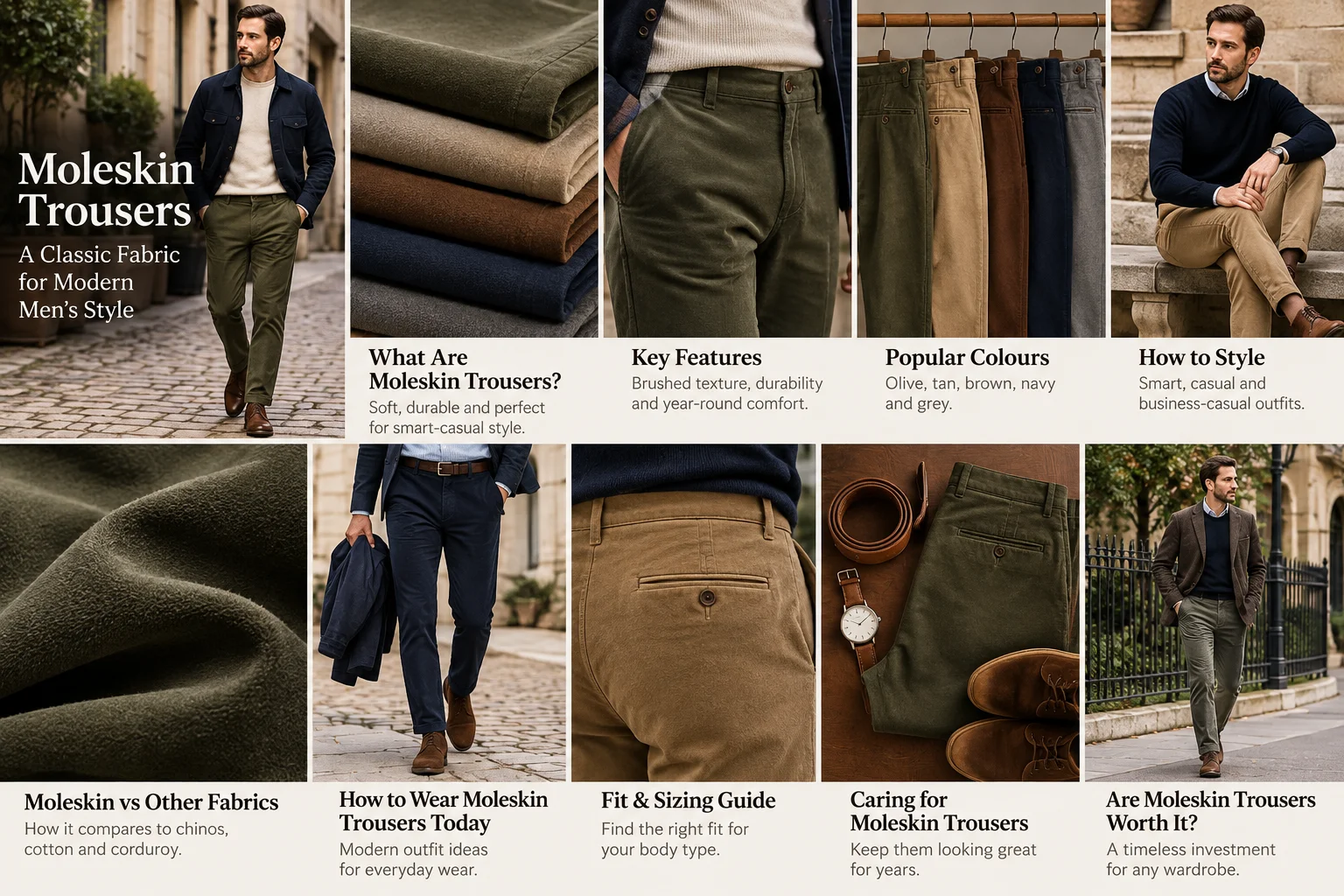 Editorial comparison of moleskin trouser fits, colours, footwear and outfit combinations