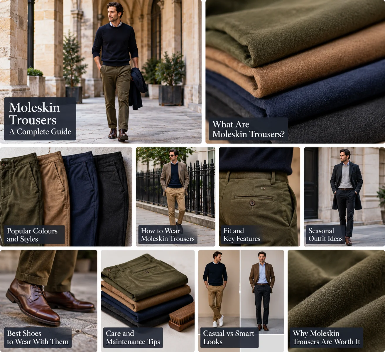 Editorial guide showing moleskin trouser colours, fit, shoes, seasonal outfits and care