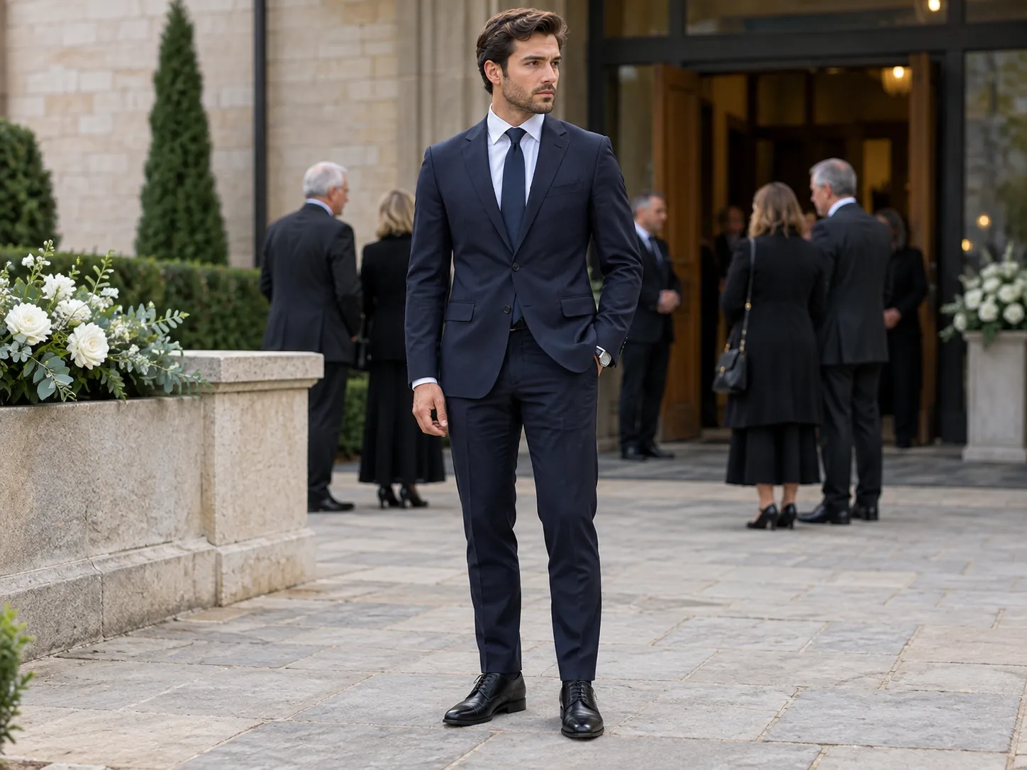 Man wearing a dark navy suit white shirt dark tie and black shoes at a memorial service