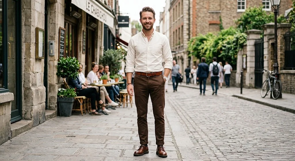 Office brown pants outfit with cream shirt and chinos