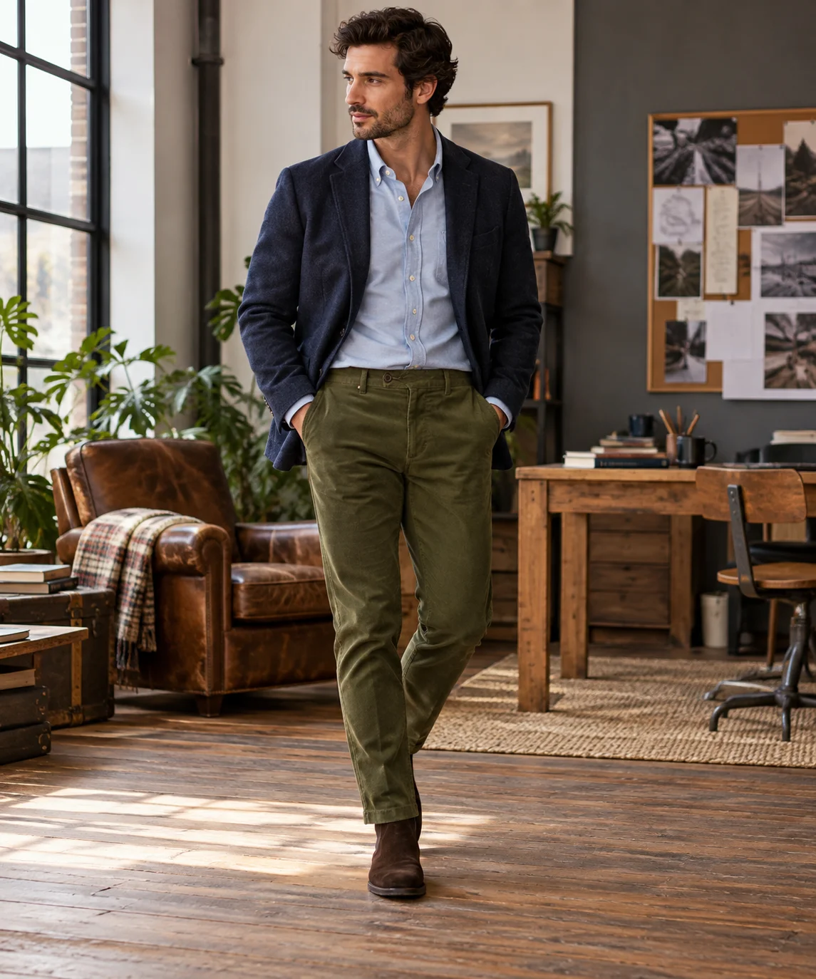 Man wearing olive moleskin trousers with a blue shirt, navy blazer and brown suede boots
