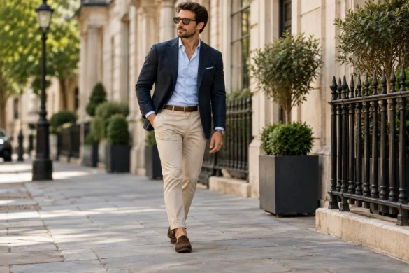 Man wearing semi casual attire with navy blazer, light blue shirt, beige chinos and brown suede loafers