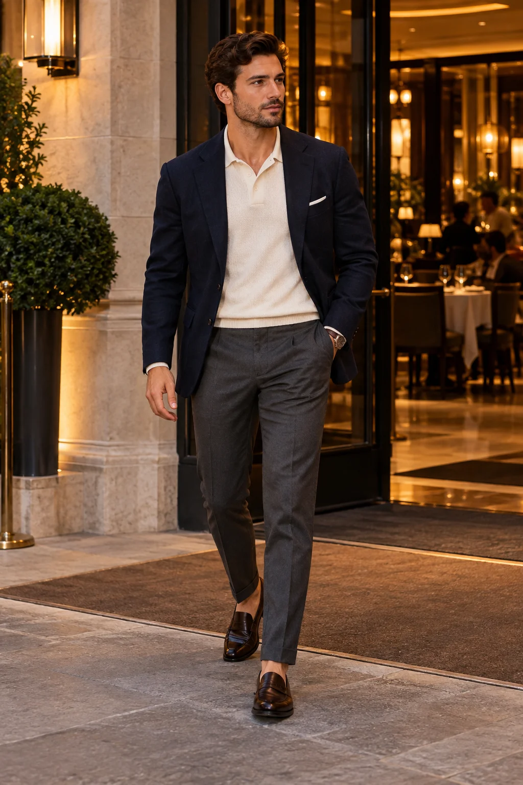 Man wearing a navy blazer, cream knit polo, charcoal trousers and brown loafers for a semi casual dinner