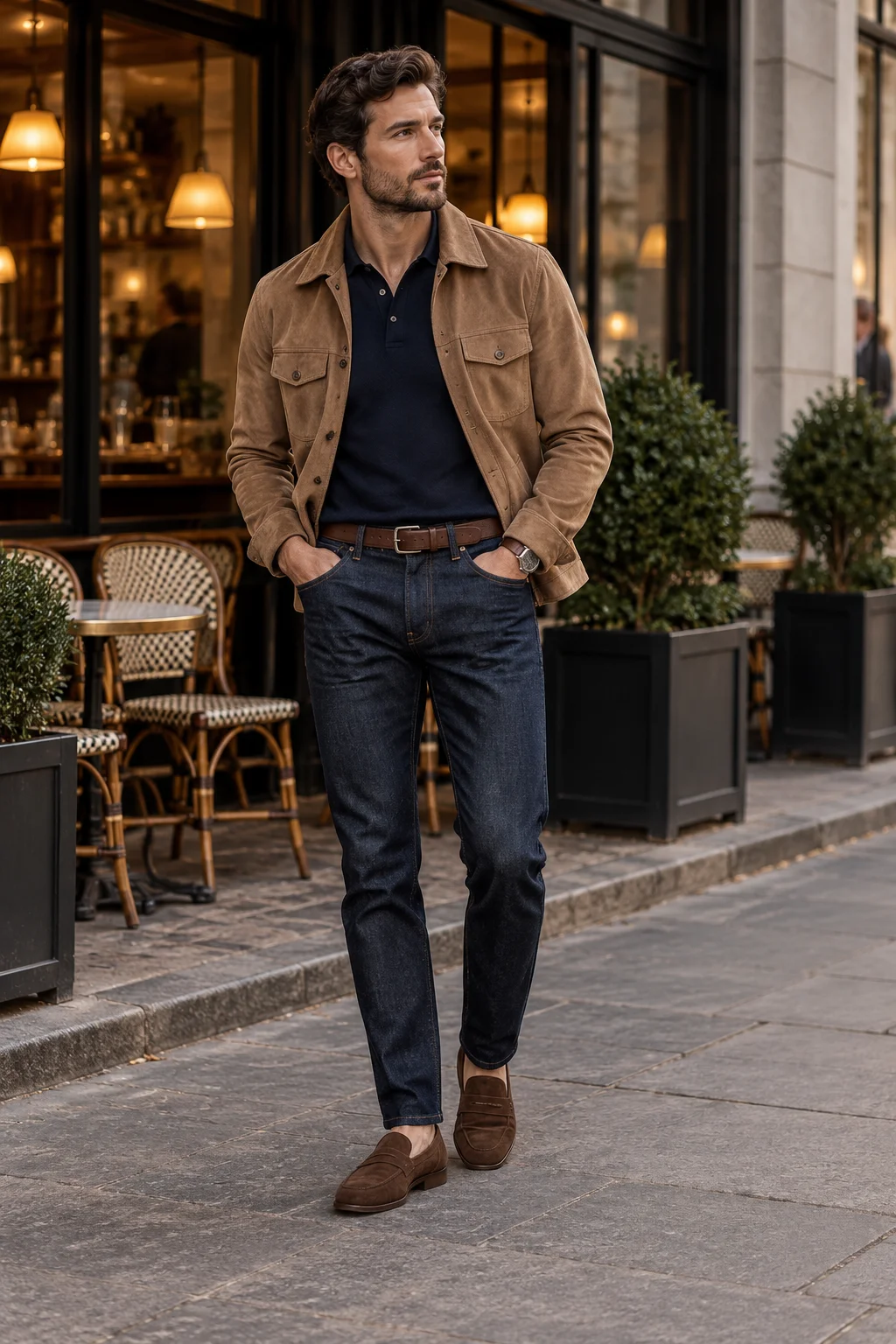 Man wearing a tan suede jacket, dark knit polo, dark jeans and brown loafers for a polished semi casual look