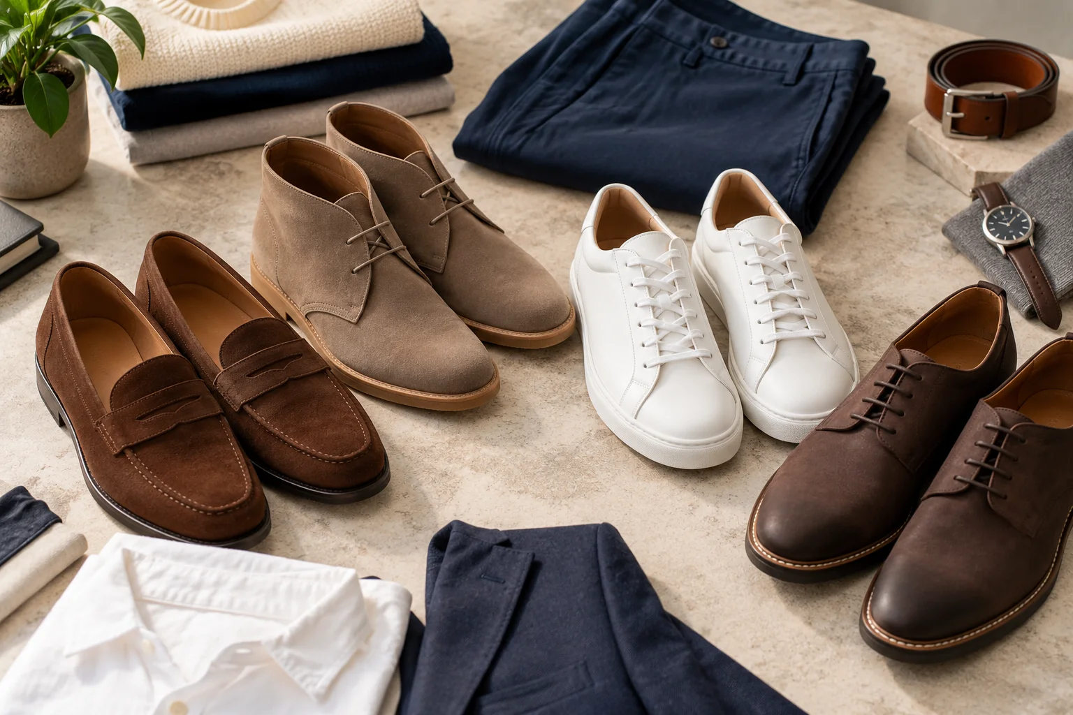Brown suede loafers, taupe chukka boots, white leather trainers and brown casual Derbies for semi casual outfits