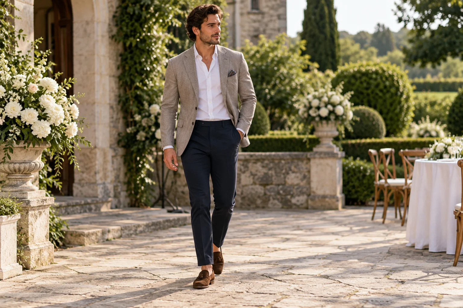 Man wearing a taupe blazer, white shirt, navy trousers and brown loafers for a semi casual wedding