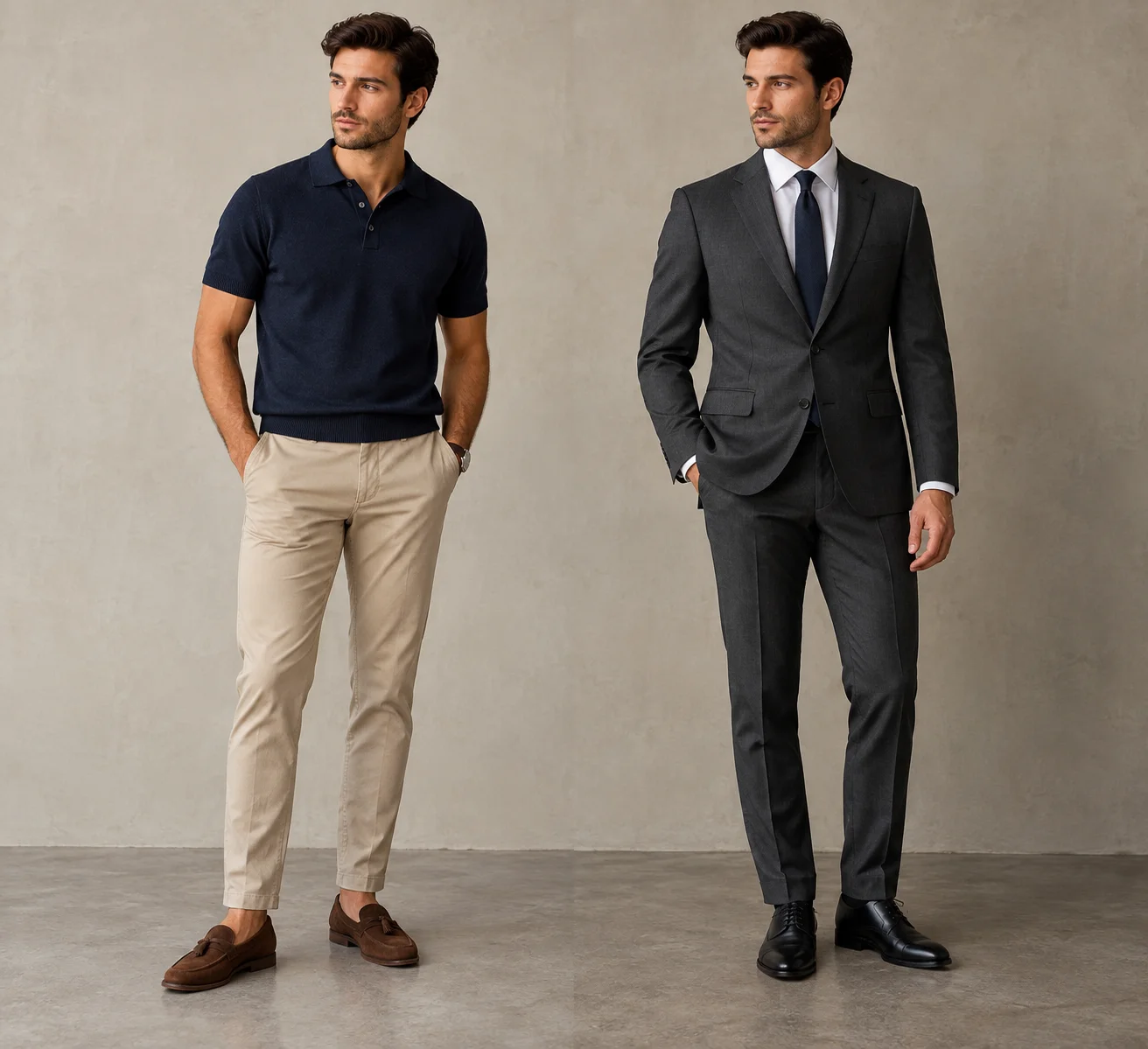 Side by side comparison of semi casual menswear and a semi formal dark suit outfit