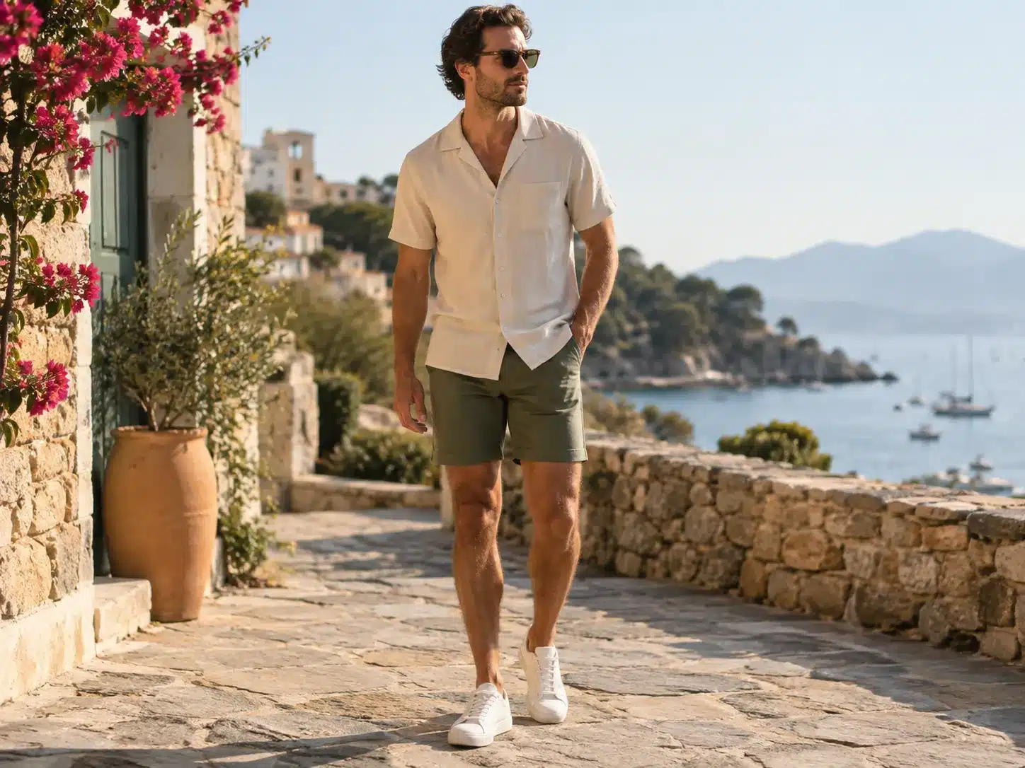 Two men's short sleeve shirt outfits styled with stone chinos and khaki trousers