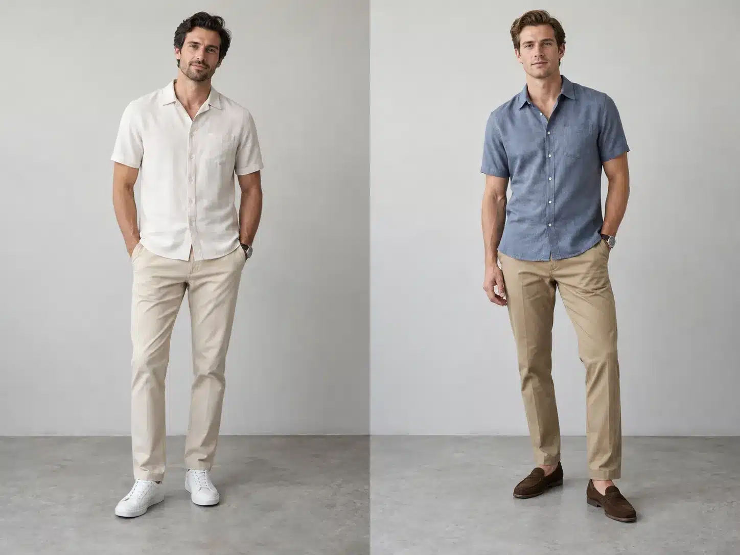 Men's short sleeve shirt outfit with worn running shoes compared with smarter brown loafers