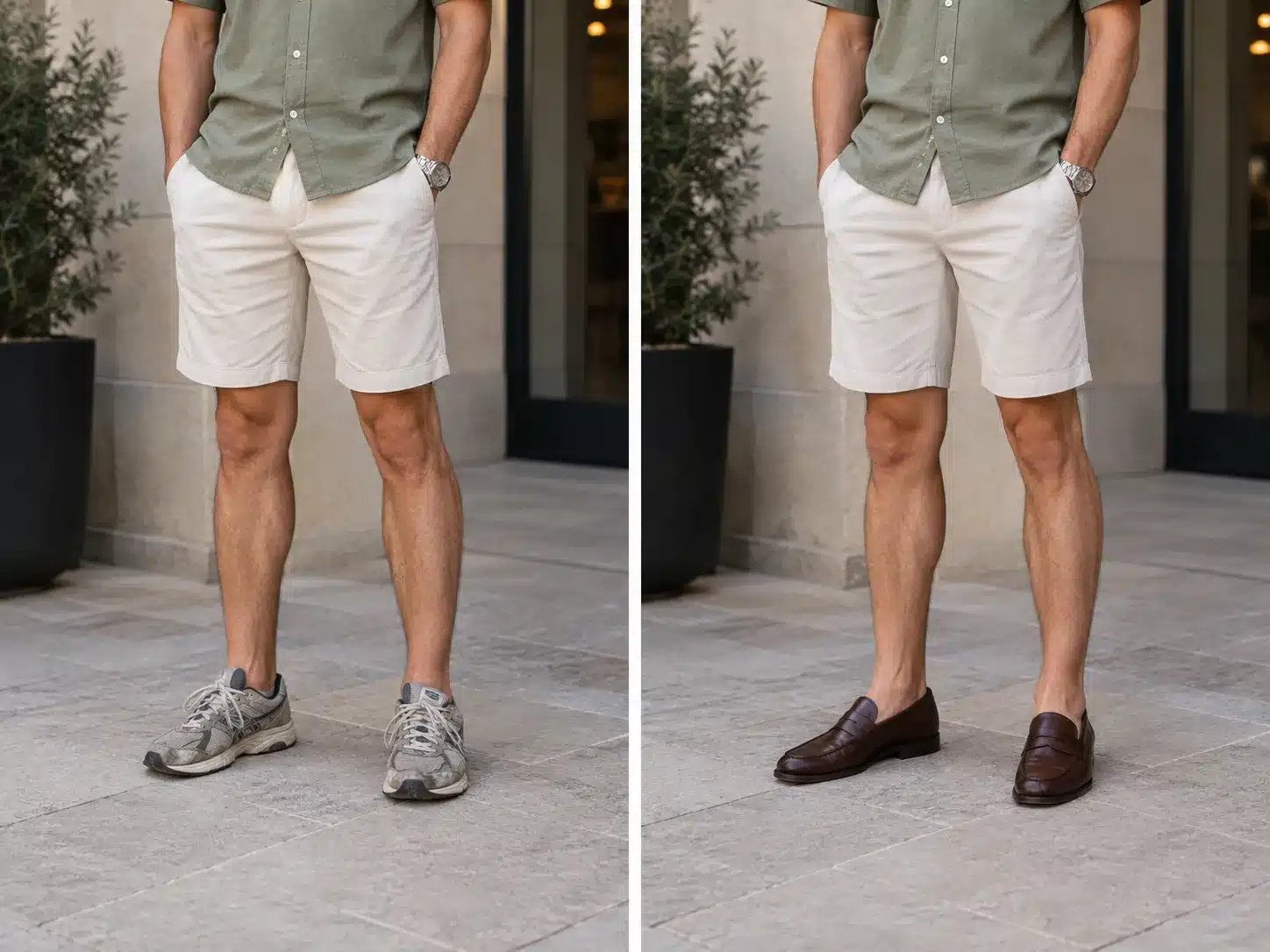 Man wearing a pale blue men's short sleeve shirt with navy chinos and brown loafers in an office