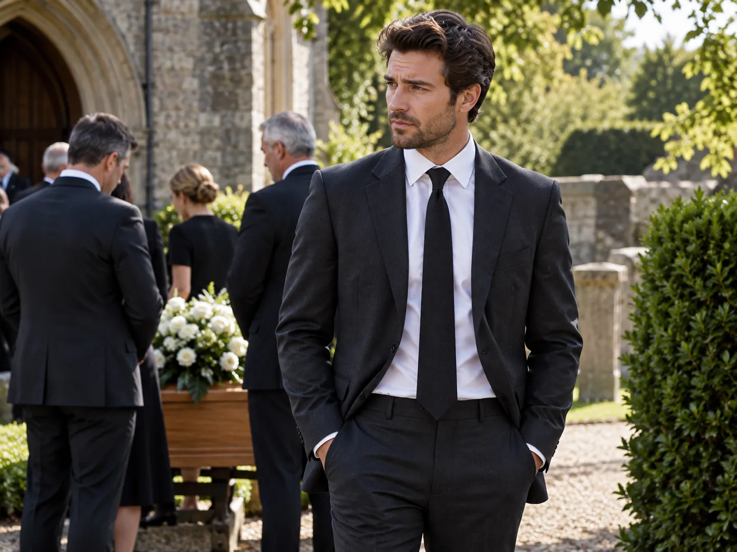 Man wearing a lightweight dark suit white shirt and black tie at a warm-weather outdoor funeral