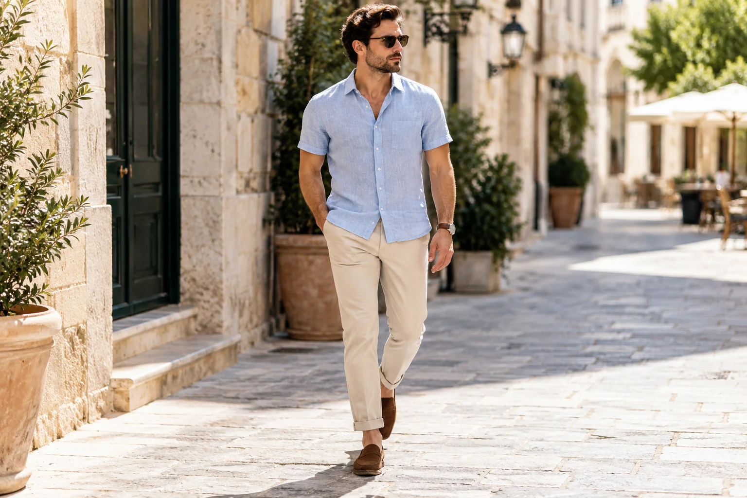 Man wearing a light blue short sleeve shirt, beige chinos and brown loafers in a summer semi casual outfit