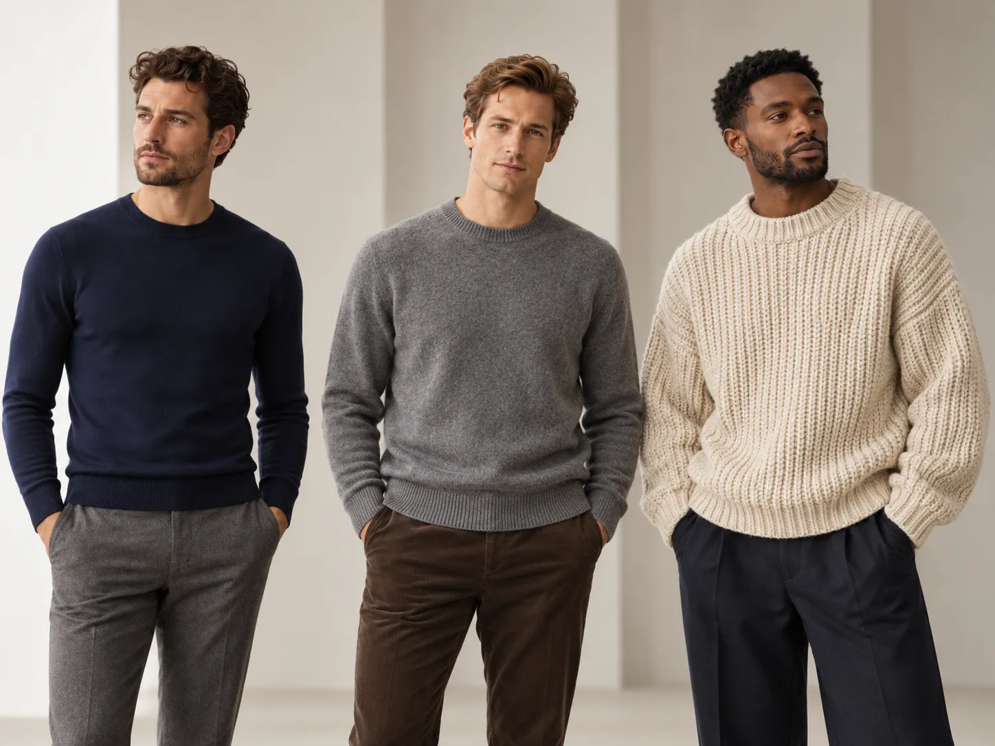 Men in modern knitwear outfits showing sweater styles for office, smart casual and weekend wear