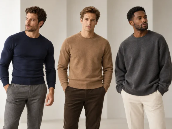 Men wearing different sweater styles including crewneck, cardigan, turtleneck and quarter-zip for a types of sweaters guide